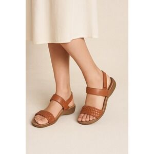 Hotter Women's Brown Leather Woven Strappy Adjustable‎ Comfort Sandals